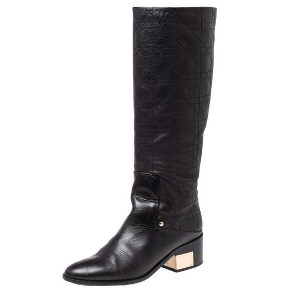 Christian Dior Cannage Riding Boots Black W Gold Plate Heel 38 - Picture 1 of 13